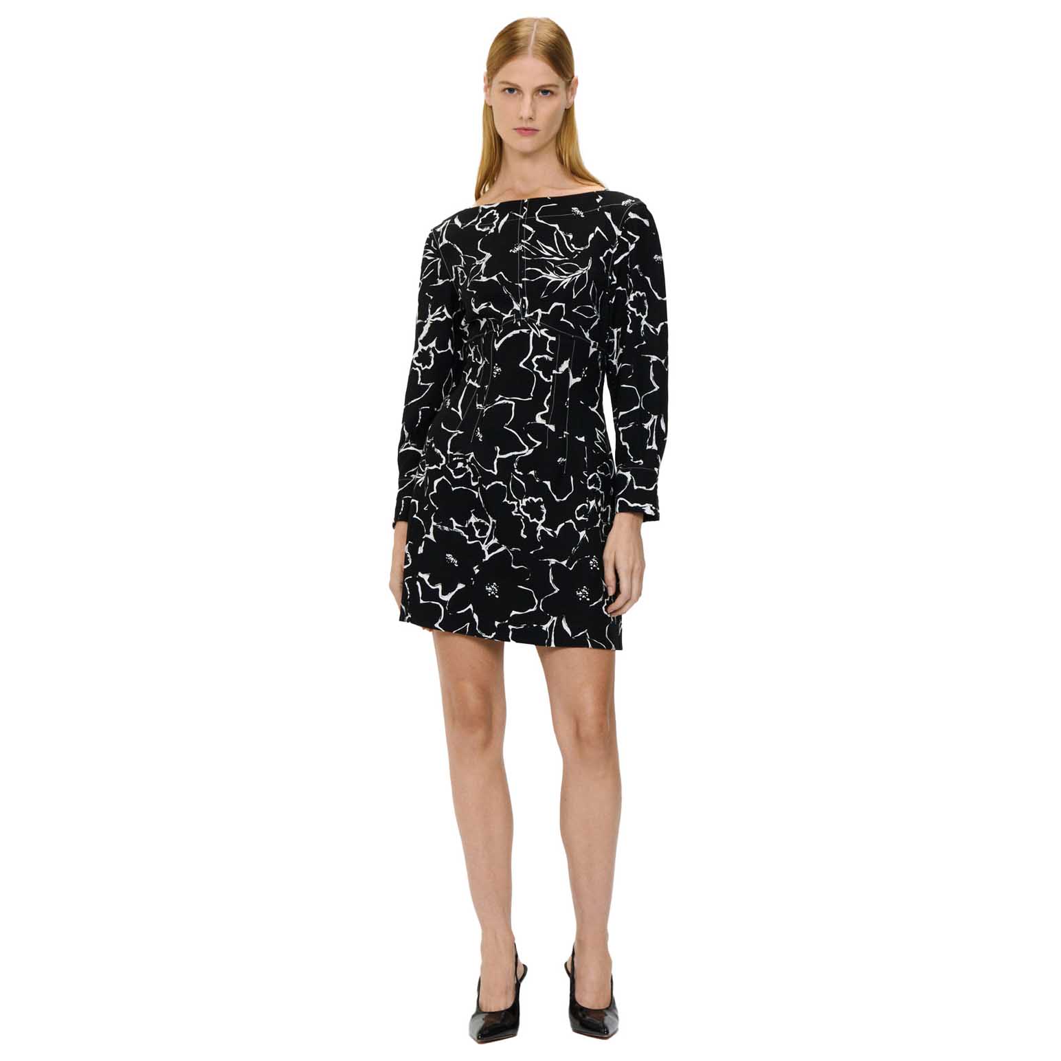Veronika Maine Monochrome Blooms Boat Neck Short Dress